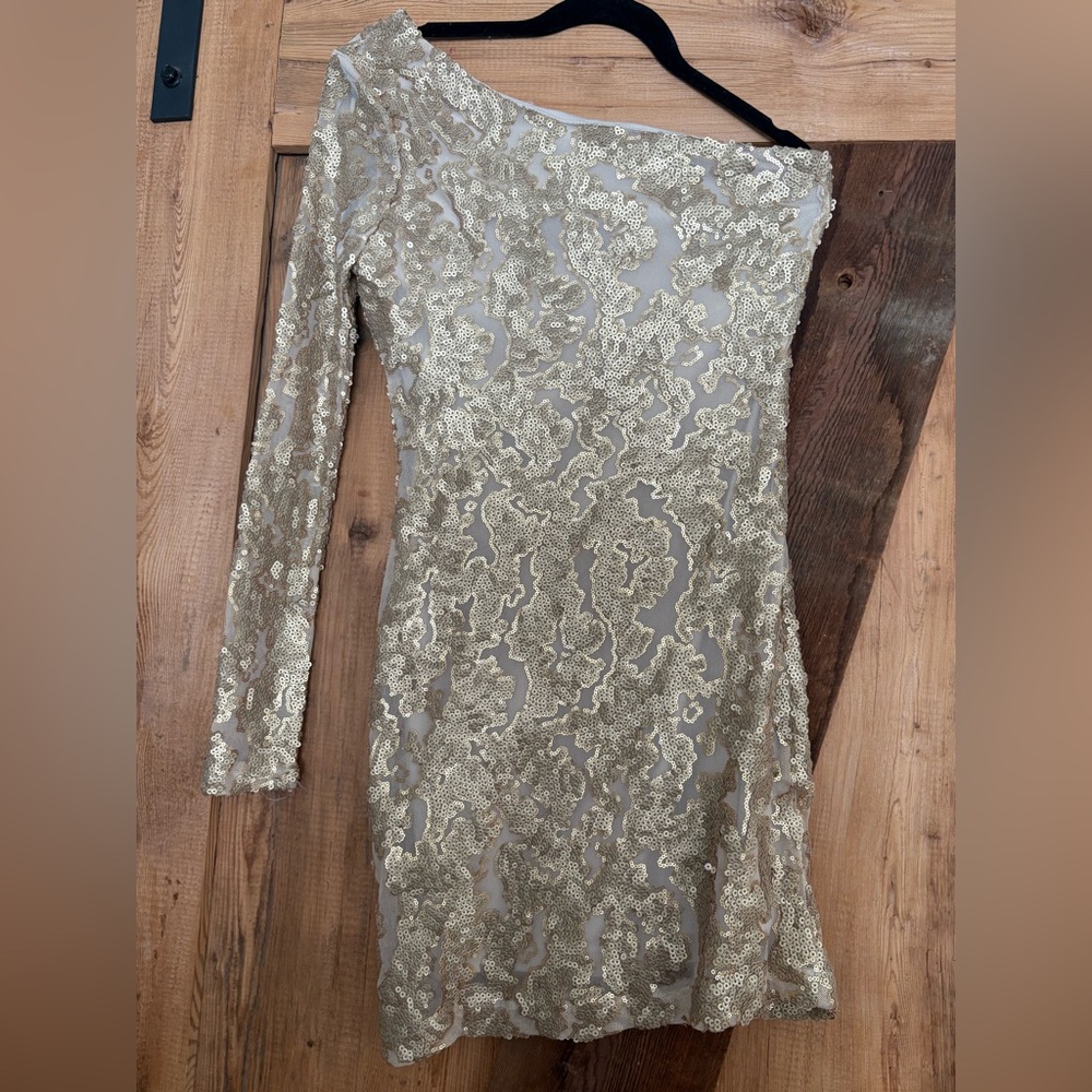 Guess One Shoulder Gold Sequin Dress